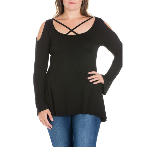 Women's Plus Size Criss Cross Cold Shoulder Top