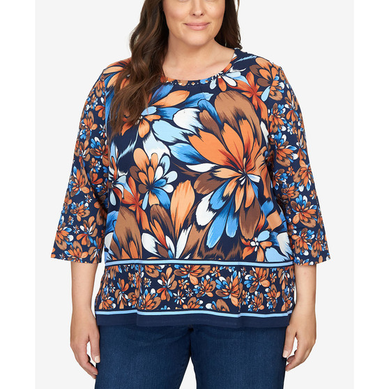 Plus Size Autumn Weekend Floral Border 3/4 Sleeve Top
