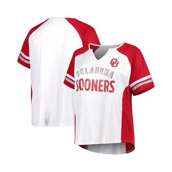 Women's White Oklahoma Sooners Plus Size Stripe Raglan Notch Neck T-shirt
