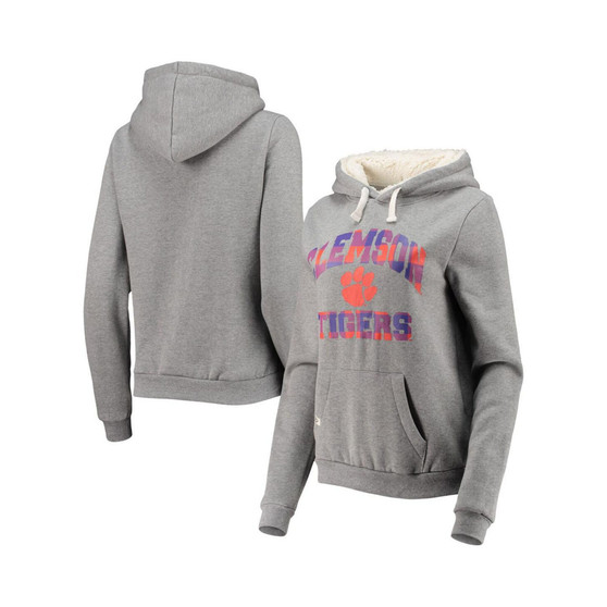 Women's Heathered Gray Clemson Tigers Plaid Sherpa Pullover Hoodie