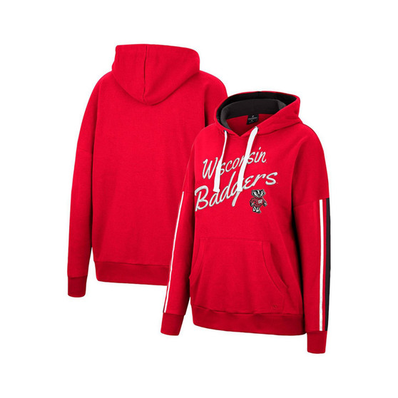 Women's Red Wisconsin Badgers Serena Oversized Sleeve Striping Pullover Hoodie