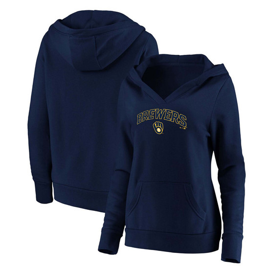 Plus Size Navy Milwaukee Brewers Core Team Lockup V-Neck Pullover Hoodie