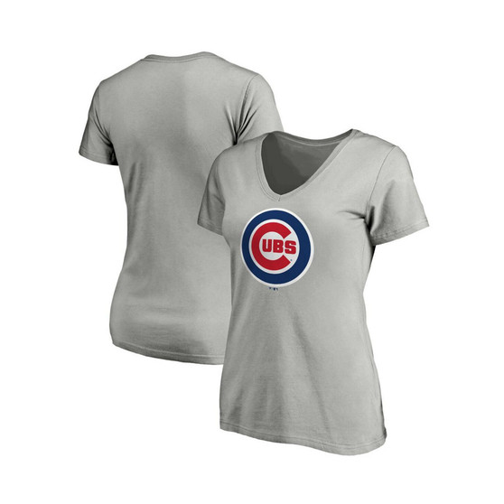 Women's Branded Heathered Gray Chicago Cubs Core Official Logo V-Neck T-shirt