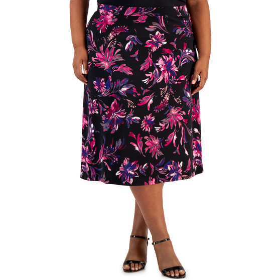 Plus Size Pull-On Printed Knit Midi Skirt