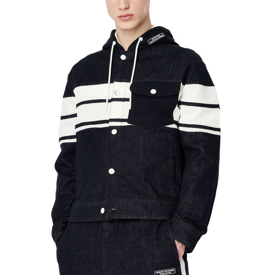 Men's Block Striped Denim Button-Front Hooded Jacket