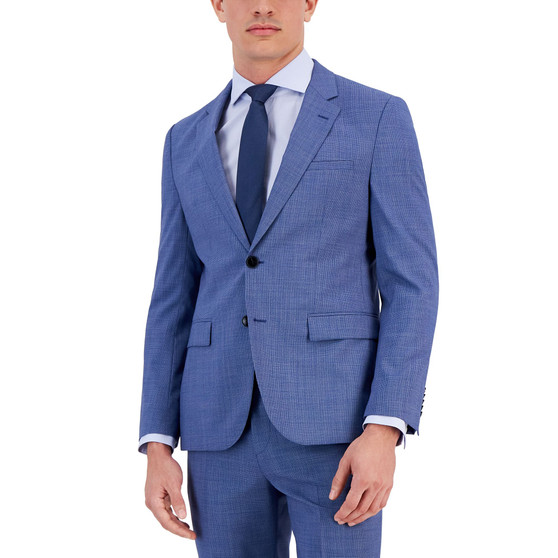 Men's Modern-Fit Stretch Mid Blue Micro-Houndstooth Wool Suit Jacket