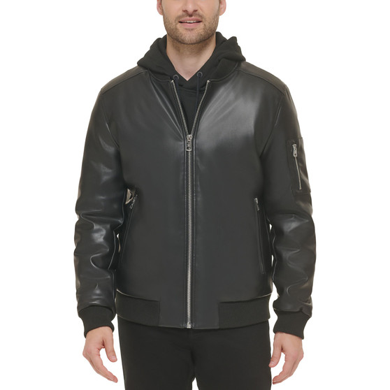 Men's Faux-Leather Bomber Jacket with Rib-Knit Trim