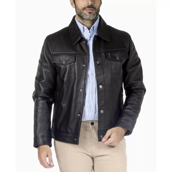 Men's Classic Leather Snap-Front Trucker Jacket