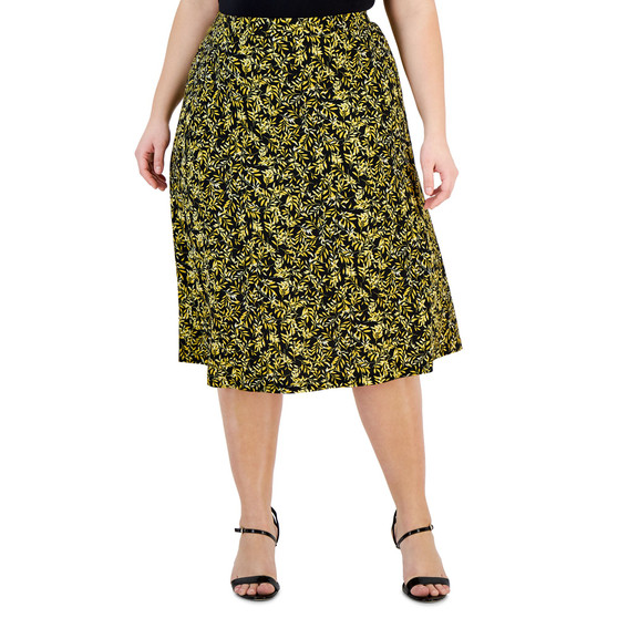 Plus Size Leaf-Print Pull-On Midi Skirt