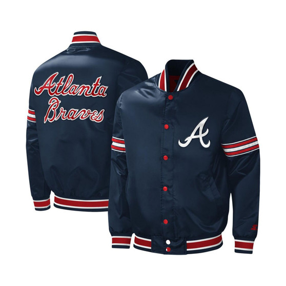 Men's Navy Atlanta Braves Midfield Satin Full-Snap Varsity Jacket