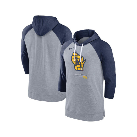 Men's Heather Gray, Heather Navy Milwaukee Brewers Baseball Raglan 3/4 Sleeve Pullover Hoodie