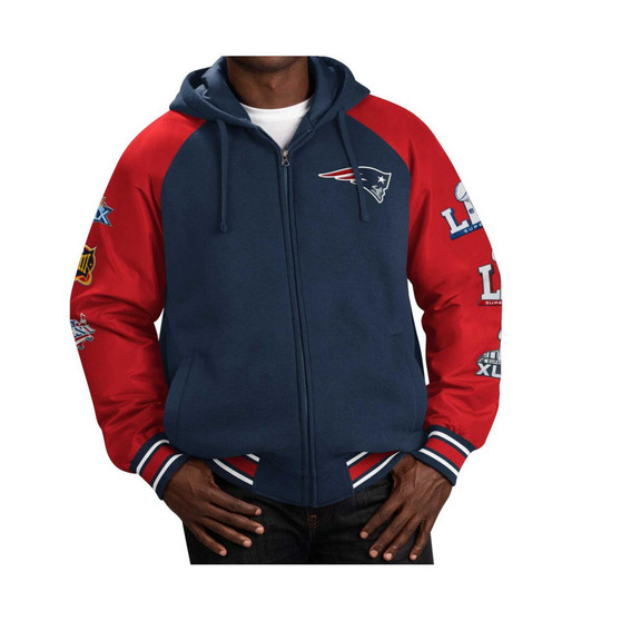 Men's Navy New England Patriots Defender Raglan Full-Zip Hoodie Varsity Jacket