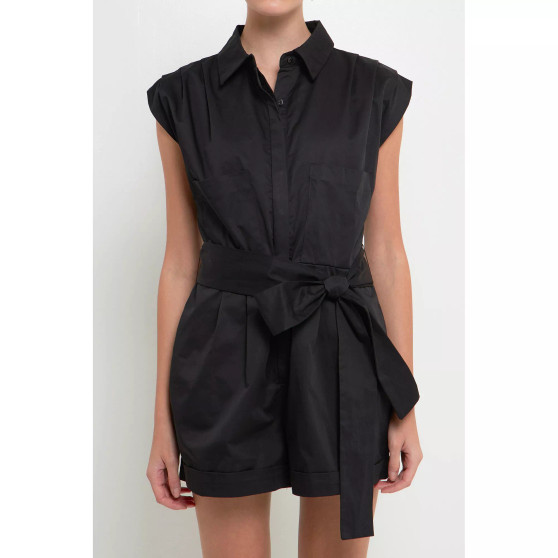 Women's Shoulder Pleated Collared Romper