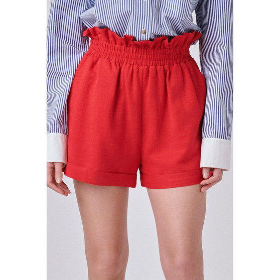 Women's Red Linen Cuffed Shorts