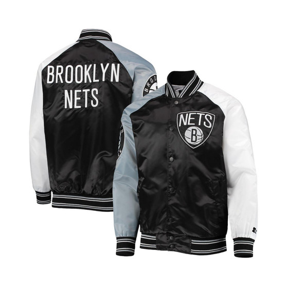 Men's Black, Gray Brooklyn Nets Reliever Varsity Satin Raglan Full-Snap Jacket