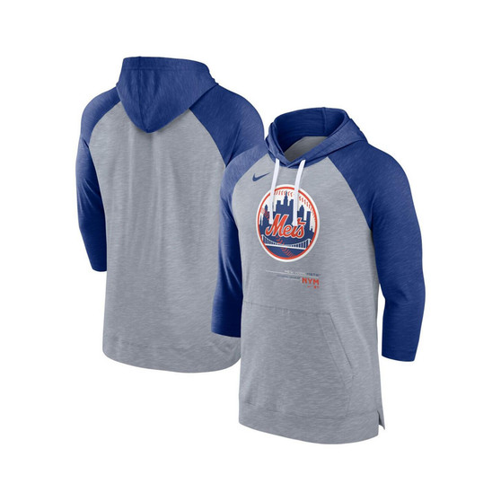 Men's Heather Gray, Heather Royal New York Mets Baseball Raglan 3/4 Sleeve Pullover Hoodie