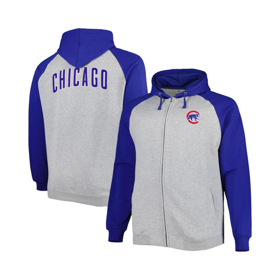 Men's Heather Gray, Royal Chicago Cubs Big and Tall Raglan Hoodie Full-Zip Sweatshirt