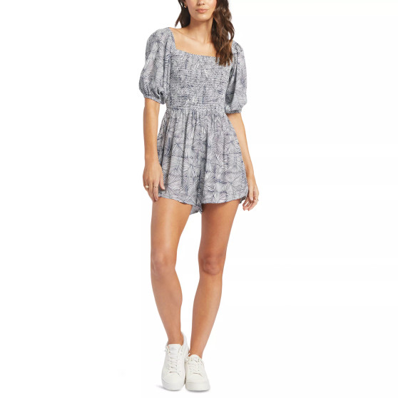 Juniors' Barefoot Babe Smocked-Top Puff-Sleeve Romper