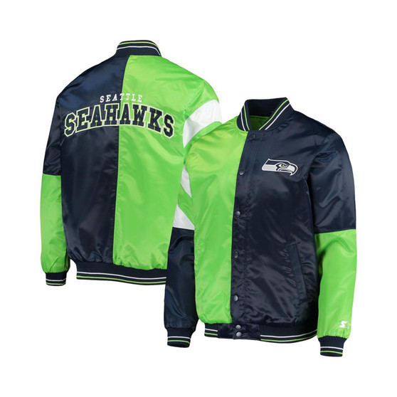 Men's College Navy, Neon Green Seattle Seahawks Leader Varsity Satin Full-Snap Jacket