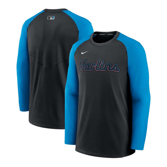 Men's Black, Blue Miami Marlins Authentic Collection Pregame Performance Raglan Pullover Sweatshirt
