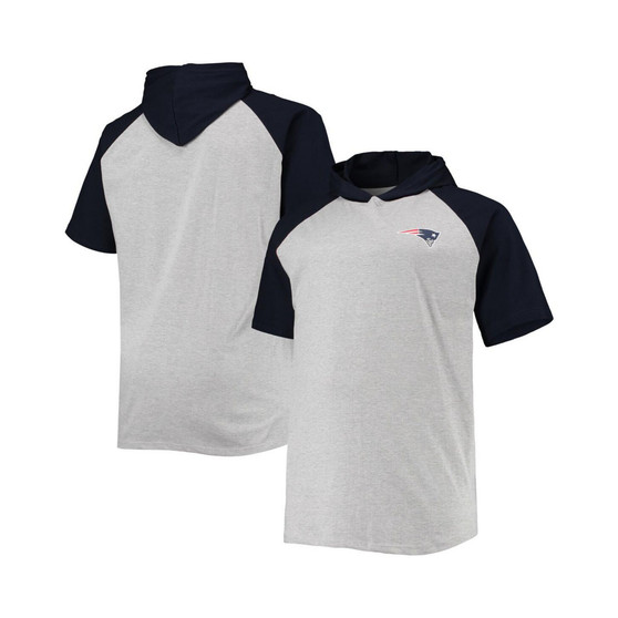 Men's Heathered Gray, Navy New England Patriots Big and Tall Raglan Short Sleeve Pullover Hoodie