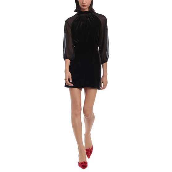 Women's Mock-Neck Mesh-Sleeve Velvet Romper