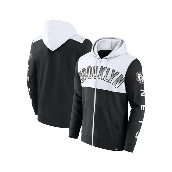 Men's Branded Black, White Brooklyn Nets Skyhook Colorblock Full-Zip Hoodie