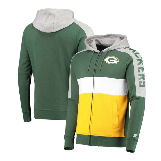 Men's Green, Gold-Tone Green Bay Packers Playoffs Color Block Full-Zip Hoodie