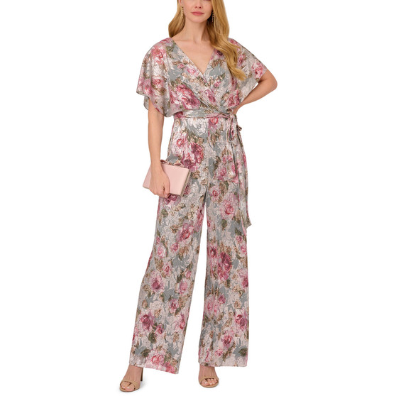 Women's Metallic Floral-Print Dolman-Sleeve Wide-Leg Jumpsuit