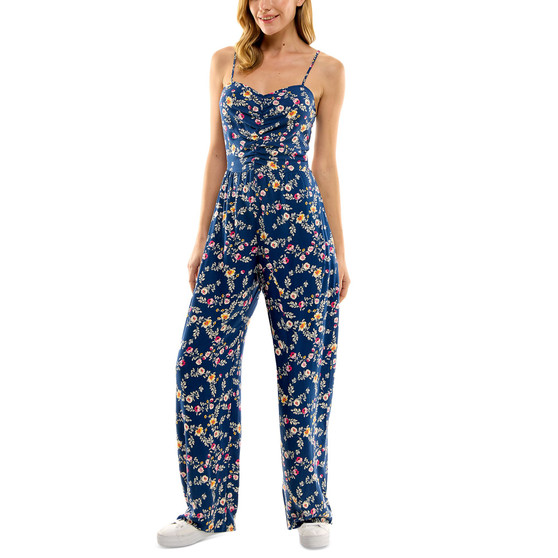 Juniors' Floral-Print Ruched-Front Jumpsuit