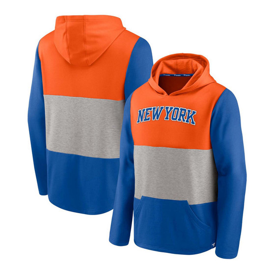 Men's Orange and Blue New York Knicks Linear Logo Comfy Colorblock Tri-Blend Pullover Hoodie