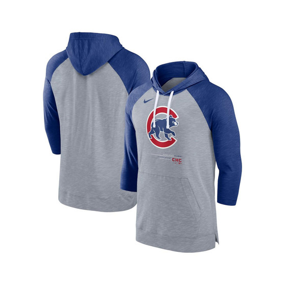 Men's Heather Gray, Heather Royal Chicago Cubs Baseball Raglan 3/4 Sleeve Pullover Hoodie