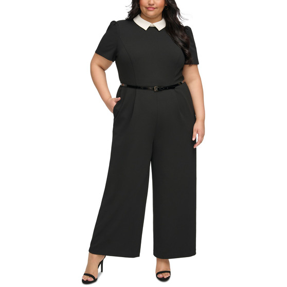 Plus Size Contrast-Collar Belted Jumpsuit