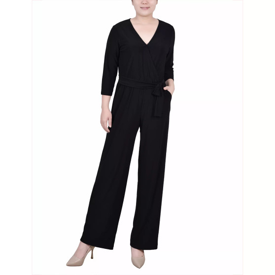 Petite Short 3/4 Sleeve Belted Wide Leg Jumpsuit