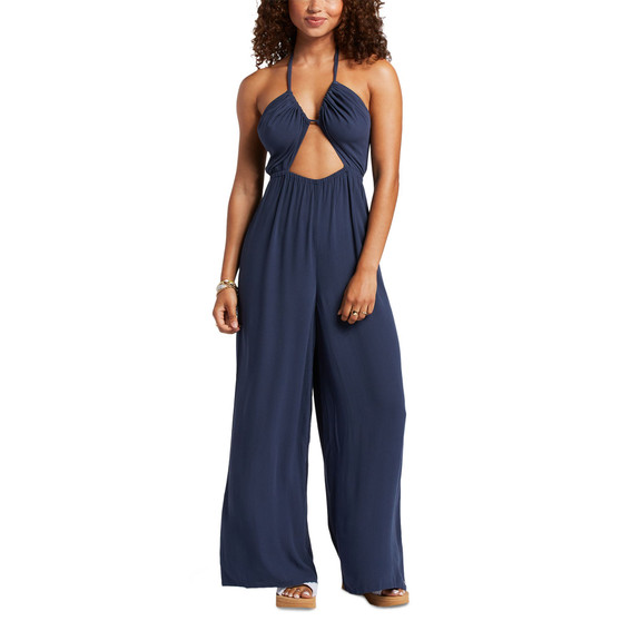 Juniors' Away On Vacay Cutout Wide-Leg Halter Jumpsuit