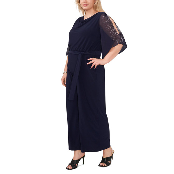 Plus Size Beaded-Sleeve Cowlneck Jumpsuit