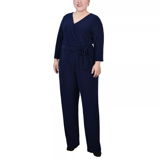 Plus Size 3/4 Sleeve Belted Jumpsuit