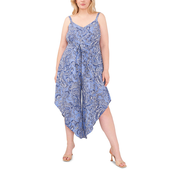 Plus Size Printed Sleeveless Asymmetric Cropped Jumpsuit