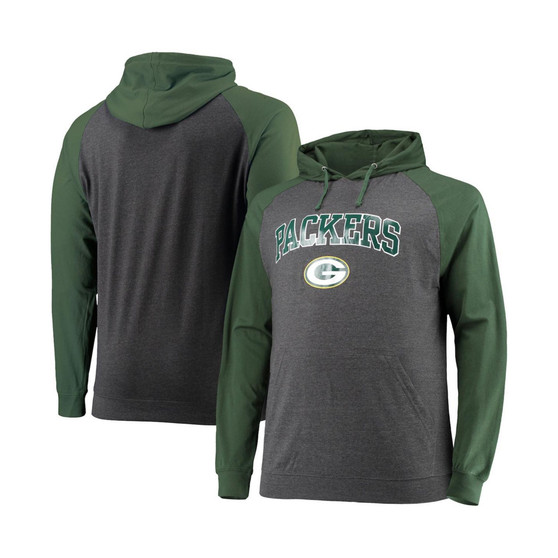 Men's Branded Green and Heathered Charcoal Green Bay Packers Big and Tall Lightweight Raglan Pullover Hoodie