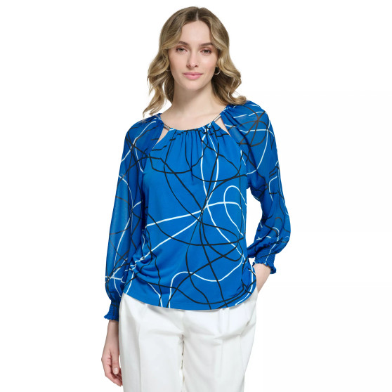 Printed Chiffon Sleeve Keyhole Neckline Blouse