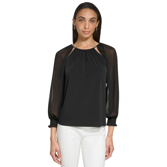 Women's Chiffon Long-Sleeve Keyhole Blouse