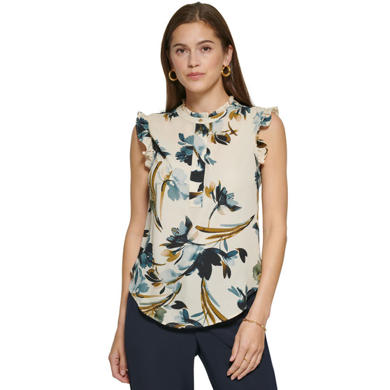 Women's Printed Quarter-Button Round-Neck Top