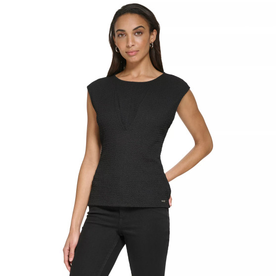 Cap Sleeve Pleated V-Bodice Textured Blouse