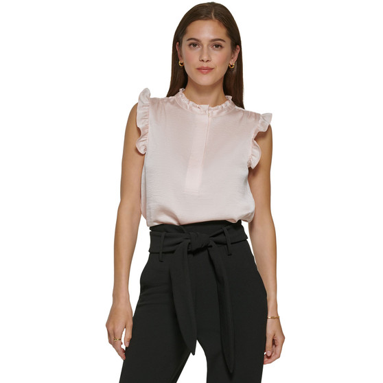 Women's Solid Ruffled-Sleeve Half-Placket Blouse