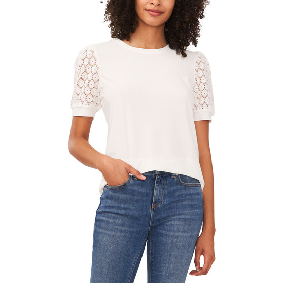 Women's Short Sleeve Mixed Media Lace Knit Top