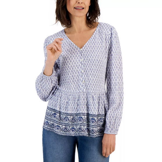 Women's Printed Gauze Long-Sleeve Peasant Top, Created for Macy's