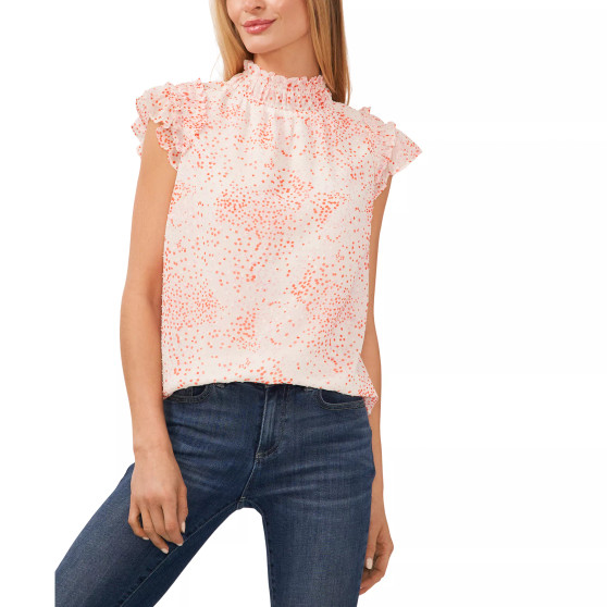 Women's Mock Neck Flutter Sleeve Printed Blouse