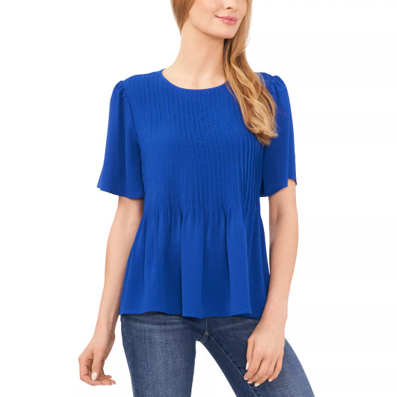 Women's Crew Neck Short Sleeve Pin-Tuck Blouse