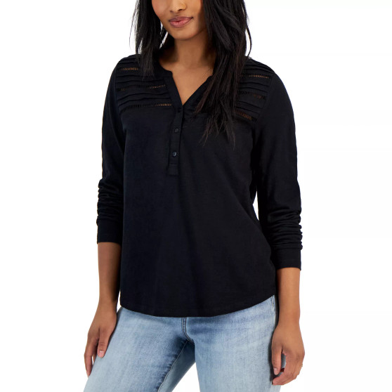 Petite Split-Neck Cotton Long-Sleeve Shirt, Created for Macy's