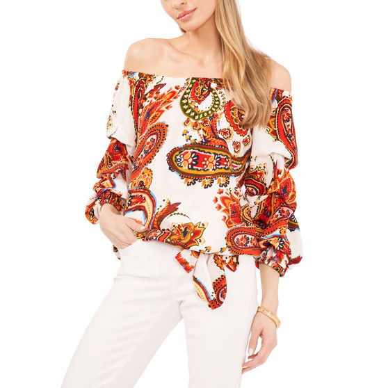Women's Printed Off-The-Shoulder Bubble-Sleeve Top